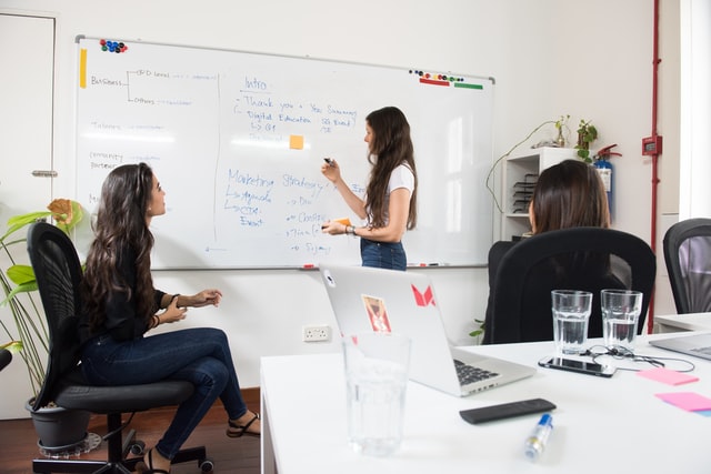 3 women discussing a project together while one writes on white board