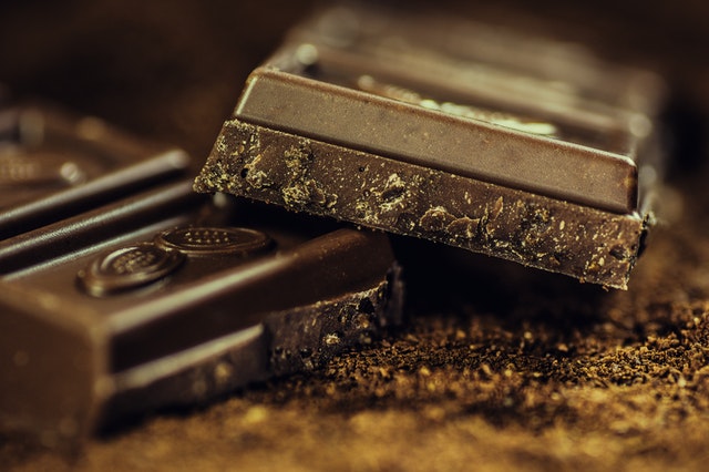 close up view of dark chocolate bar pieces